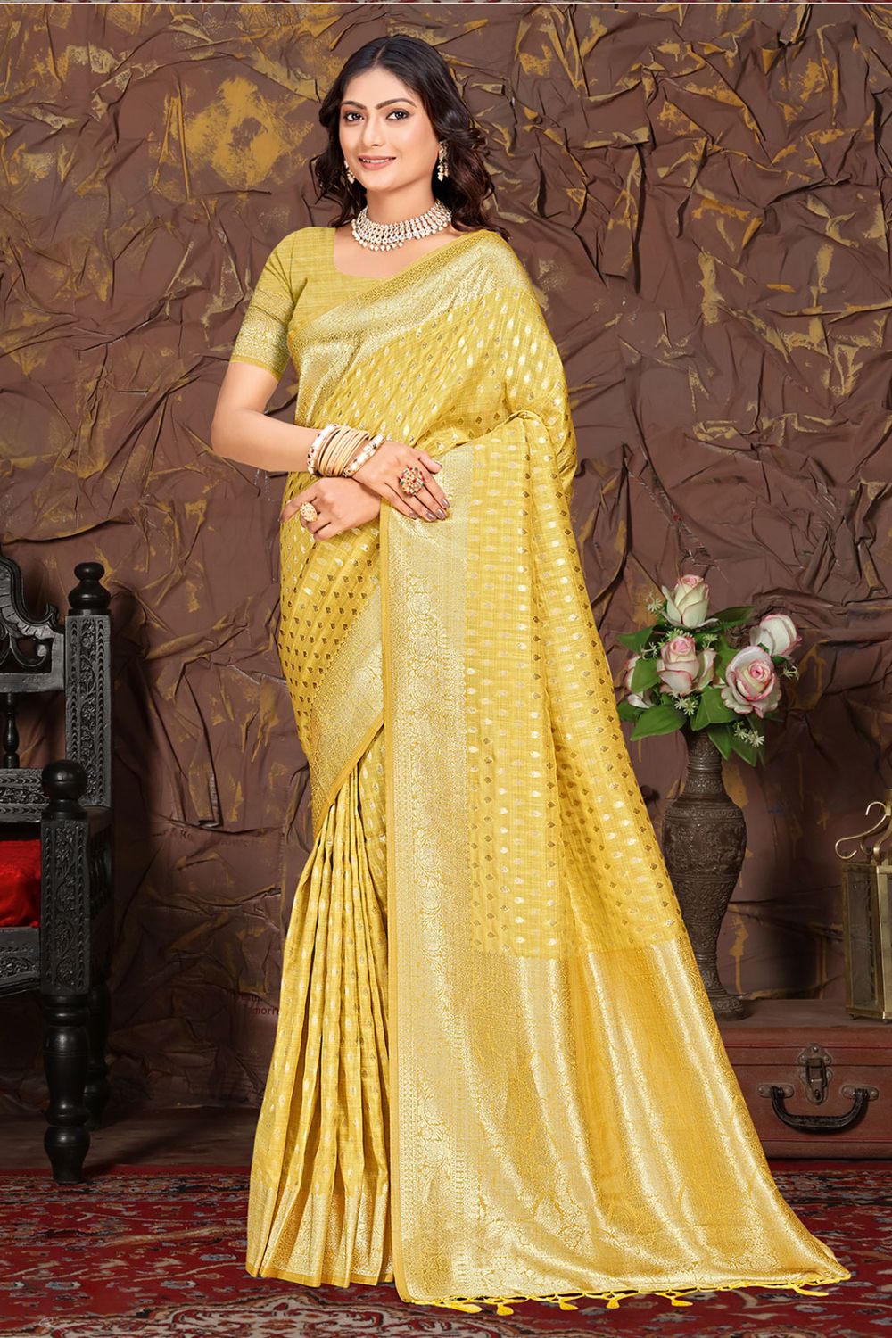 Yellow Cotton Silk Zari Woven Saree