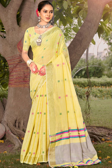 Yellow Weaving Work Cotton Saree