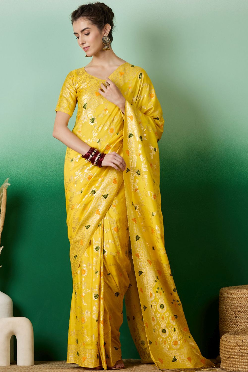 Yellow Dola Jacquard Zari Woven Saree for Party