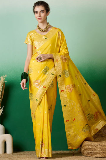 Yellow Dola Jacquard Zari Woven Saree for Party