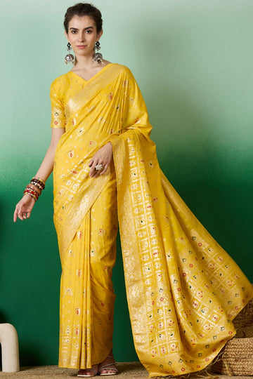 Yellow Dola Jacquard Zari Woven Saree for Party