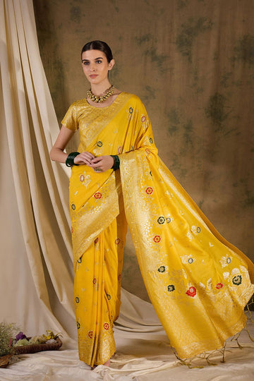 Yellow Dola Jacquard Zari Woven Saree for Party