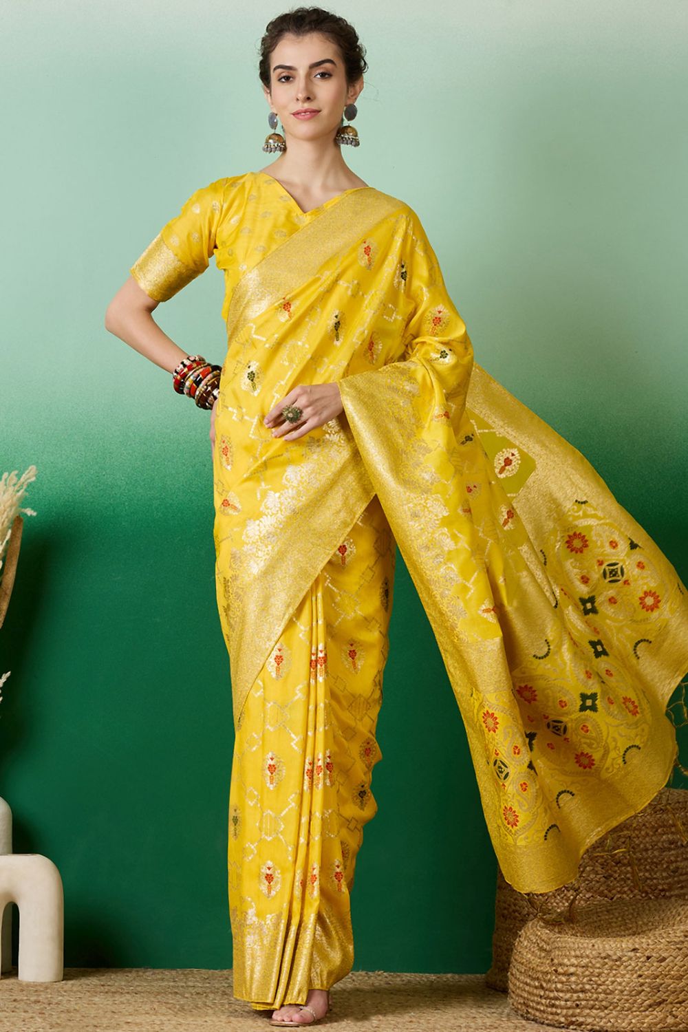 Yellow Dola Jacquard Zari Woven Saree for Party