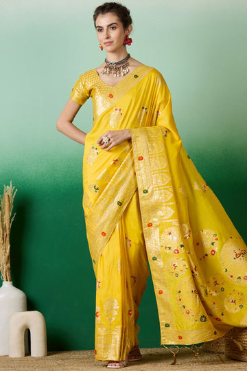 Yellow Dola Jacquard Zari Woven Saree for Party