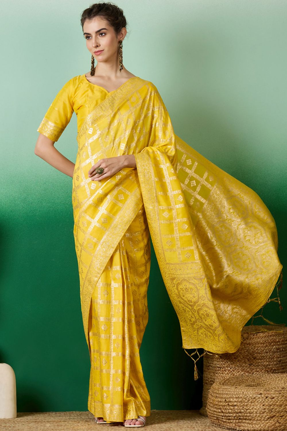 Yellow Dola Jacquard Zari Woven Saree for Party