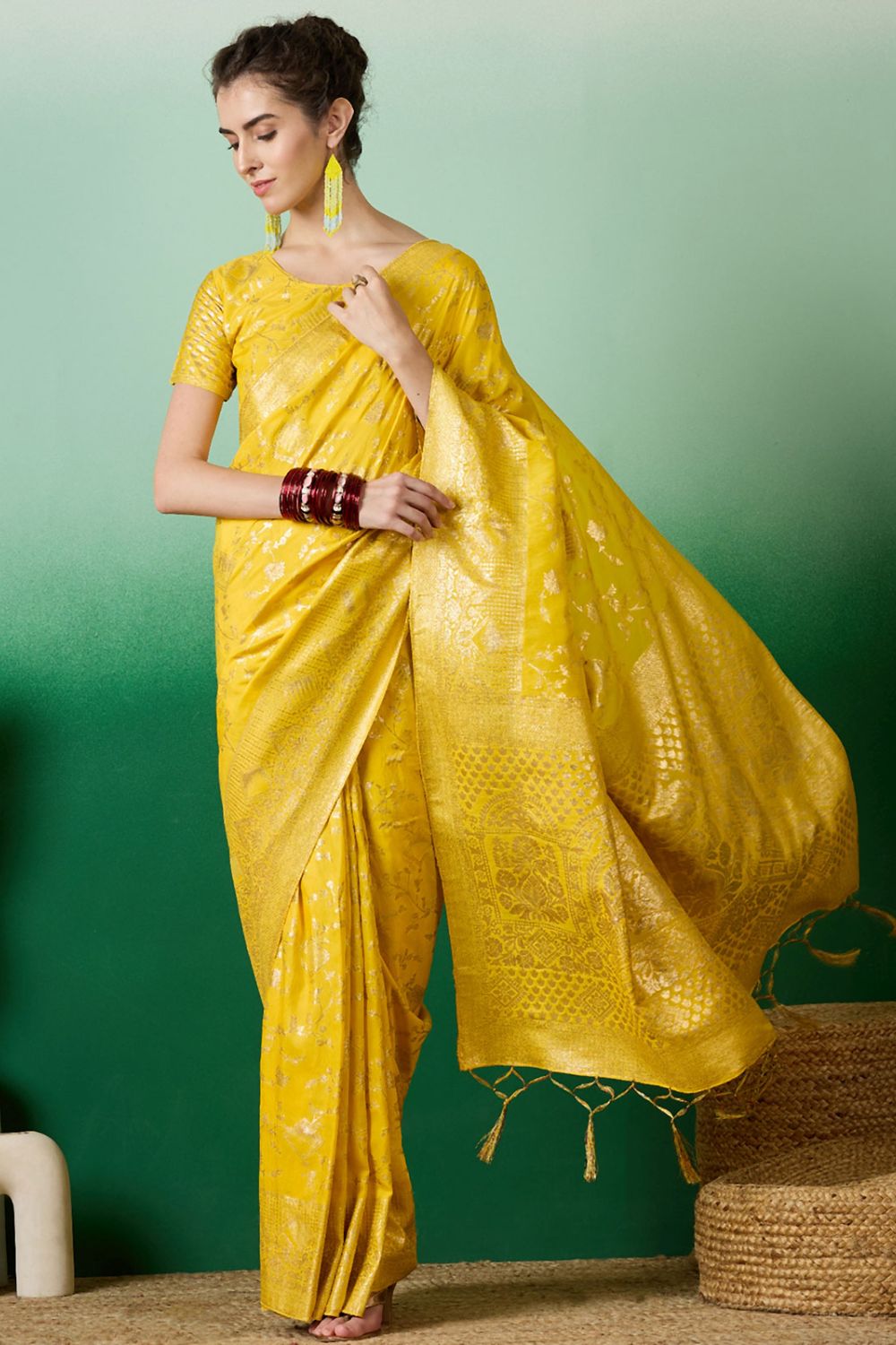 Yellow Dola Jacquard Zari Woven Saree for Party