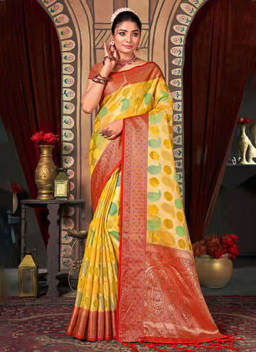 Yellow Organza Saree for Party