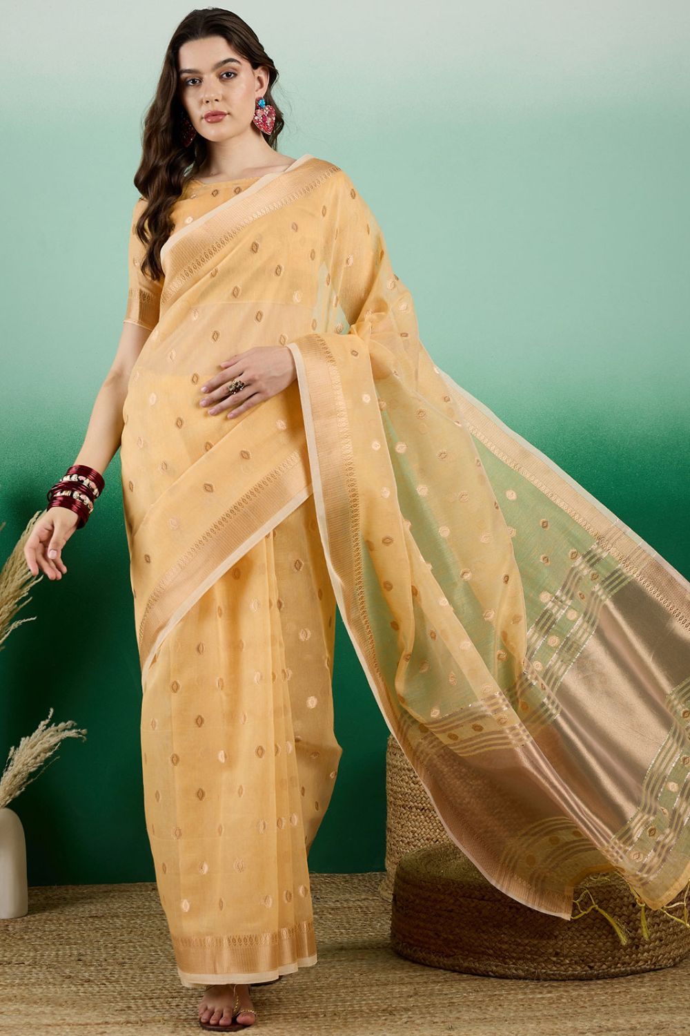 Yellow Organza Woven Party Wear Saree