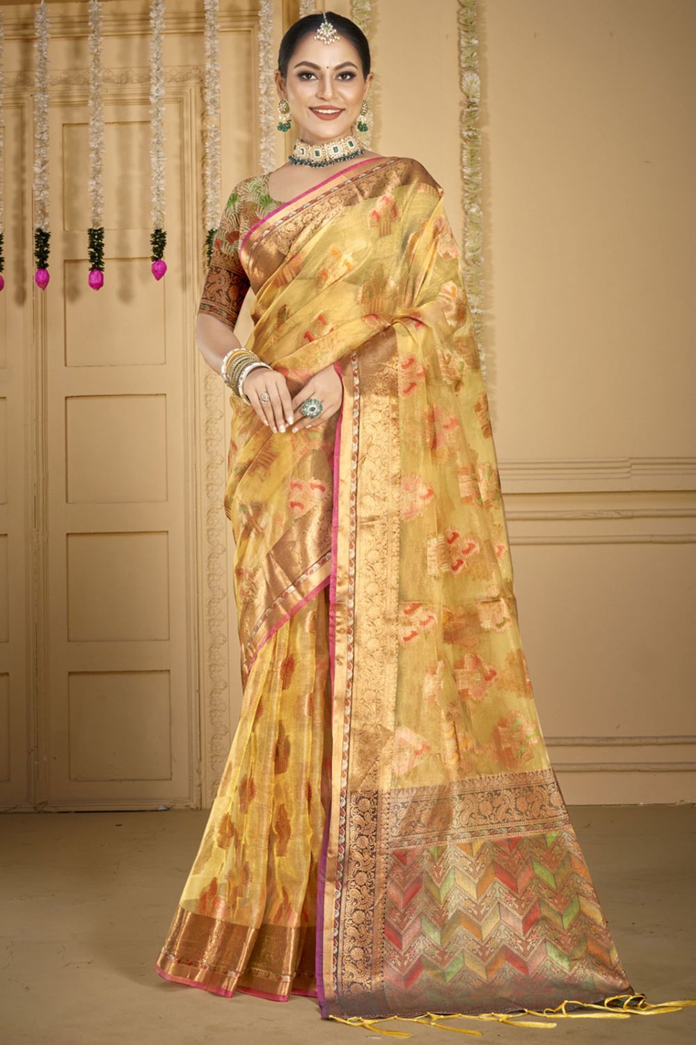 Yellow Jacquard Work Organza Saree