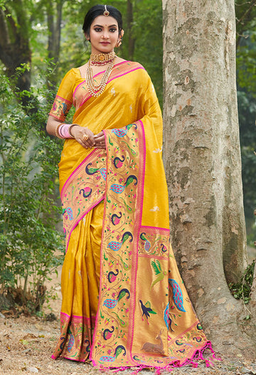 Yellow Paithani Silk Zari Weaving Work Saree