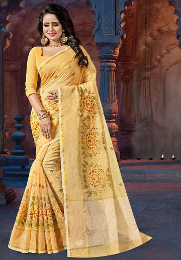 Yellow Printed Supernet Saree for Party