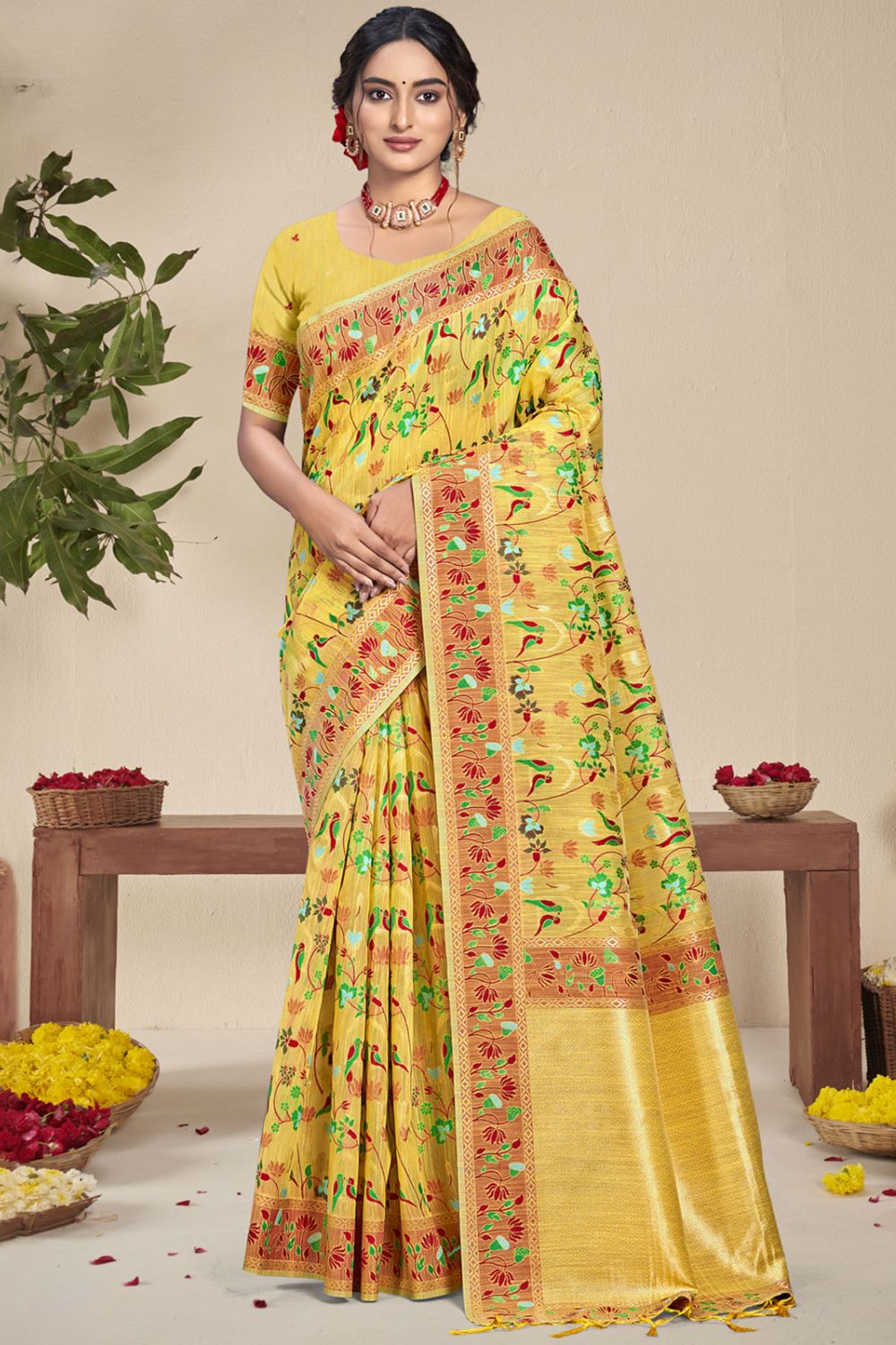 Yellow Silk Woven Saree