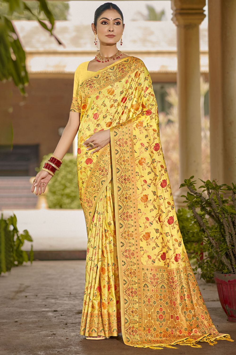 Yellow Silk Woven Work Saree