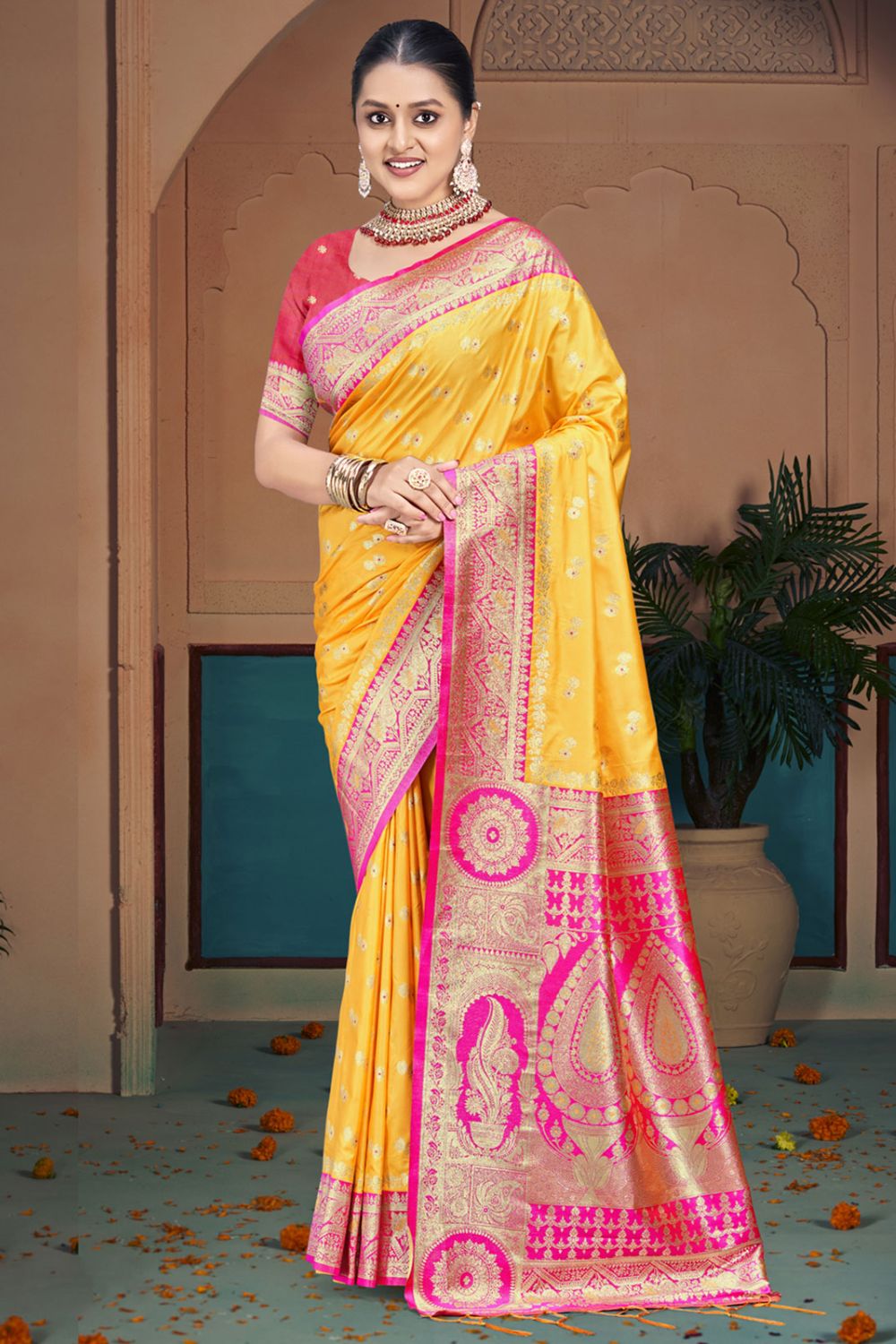 Yellow Silk Woven Work Saree