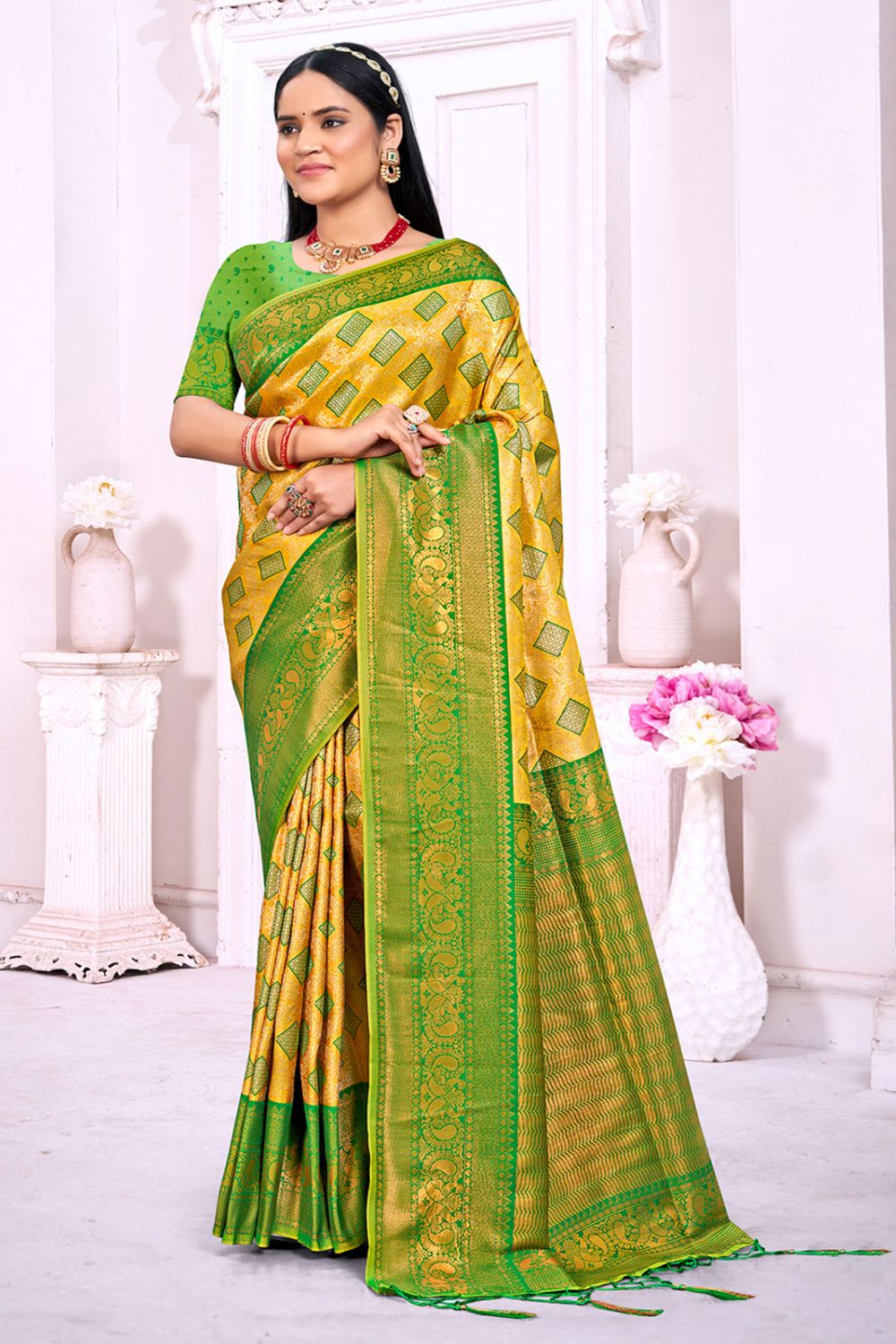 Yellow Silk Zari Woven Saree