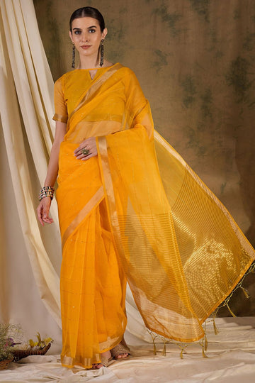 Yellow Silk Zari Woven Party Wear Saree