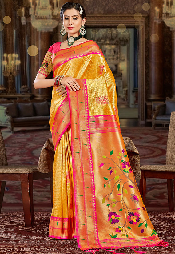 Yellow Woven Paithani Silk Saree for Festival